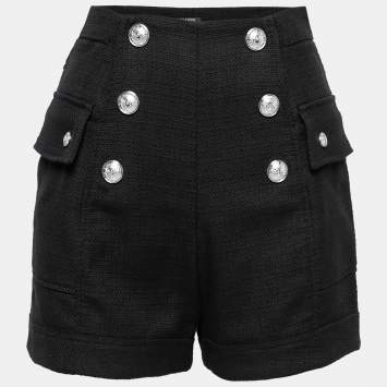Pre Owned Balmain Black Canvas Button Embellished High-Waist Shorts S