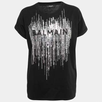 Pre Owned Balmain Black Cotton Logo Embroidered Embellished T-Shirt M