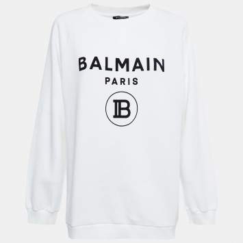 Pre Owned Balmain White Rib Knit Logo Print Raglan Sleeve Sweatshirt L
