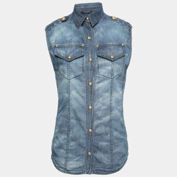 Pre Owned Balmain Blue Faded Effect Denim Pocket Detailed Button Front Sleeveless Shirt S