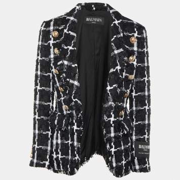 Pre Owned Balmain Black Checkered Fringed Boucle Open Front Blazer M
