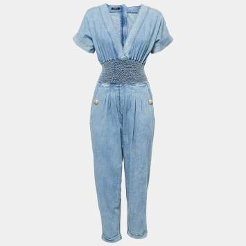 Pre Owned Balmain Blue Chambray Smocked Detail Jumpsuit S