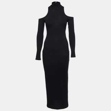Pre Owned Balmain Black Wool High Neck Off Shoulder Dress M