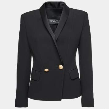 Pre Owned Balmain Black Crepe Shawl Collar Double Breasted Blazer M