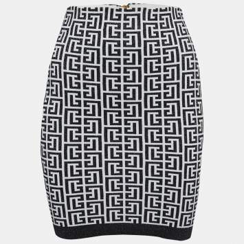 Pre Owned Balmain White/Black Monogram Lurex Knit Mini Skirt S