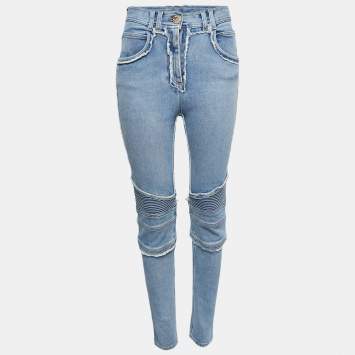 Pre Owned Balmain Blue Denim Quilted Detail Frayed Jeans M Waist 28"