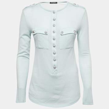 Pre Owned Balmain Light Blue Knit Button Down Long Sleeve Top M