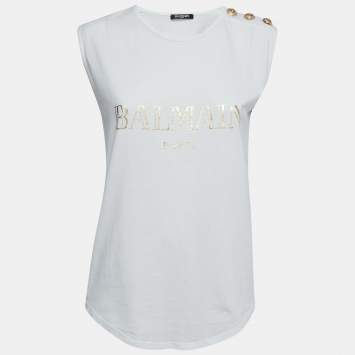 Pre Owned Balmain White Logo Printed Cotton Button Detailed Sleeveless T-Shirt M