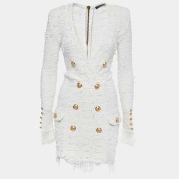 Pre Owned Balmain White Boucle Tweed Double-Breasted Fringed Dress S