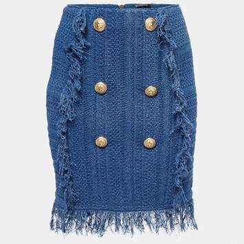 Pre Owned Balmain Blue Knit Button Detailed Mini Skirt S