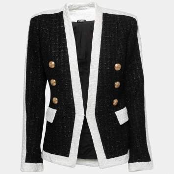 Pre Owned Balmain Black/White Tweed Double Breasted Blazer L