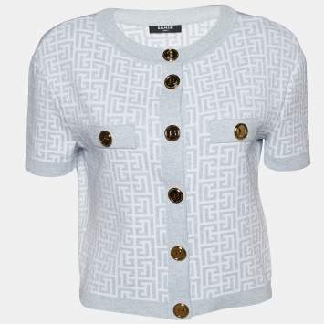 Pre Owned Balmain Light Blue Monogram Lurex Knit Cropped Cardigan M