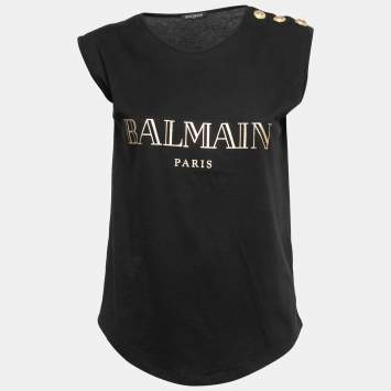 Pre Owned Balmain Black Logo Printed Cotton Button Detailed Tank Top S