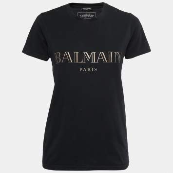 Pre Owned Balmain Black Printed Cotton Crew Neck Half Sleeve T-Shirt XS