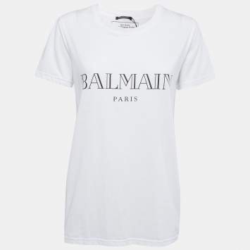 Pre Owned Balmain White Printed Cotton Crew Neck Half Sleeve T-Shirt XS