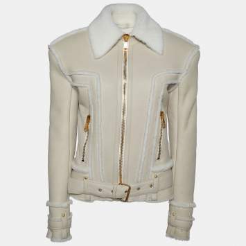 Pre Owned Balmain Beige Leather Shearling Zip Front Jacket S