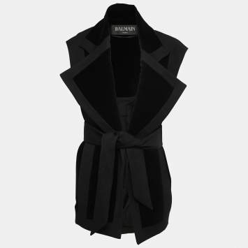 Pre Owned Balmain Black Cotton & Wool Open Front Belted Sleeveless Jacket M