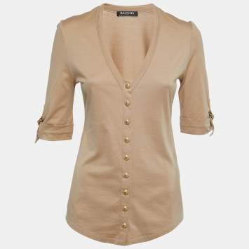 Pre Owned Balmain Beige Cotton Knit V-Neck Button Front T-Shirt M