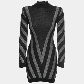 Pre Owned Balmain Black Striped Patterned Lurex Knit Mini Bodycon Dress S