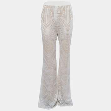 Pre Owned Balmain White Jacquard Knit Wide Leg Pants M