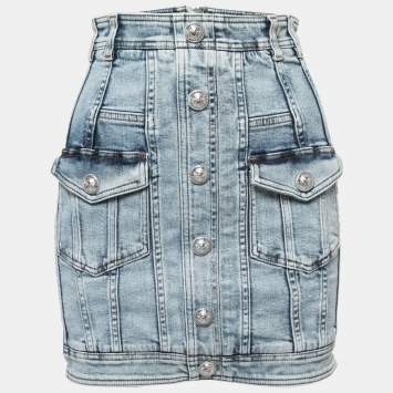 Pre Owned Balmain Blue Washed Denim Button Detail Mini Skirt S