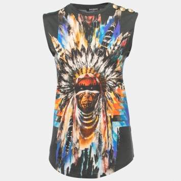 Pre Owned Balmain Dark Green Indian Tribal Print Cotton & Modal Tank Top M