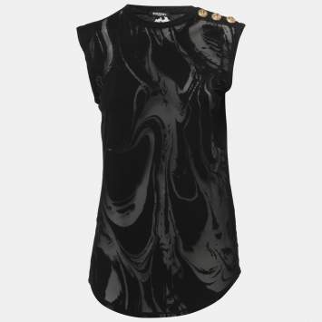Pre Owned Balmain Black Mesh & Jersey Button Embellished Top M