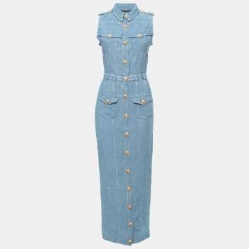 Pre Owned Balmain Blue Denim Buttoned Sleeveless Long Dress S