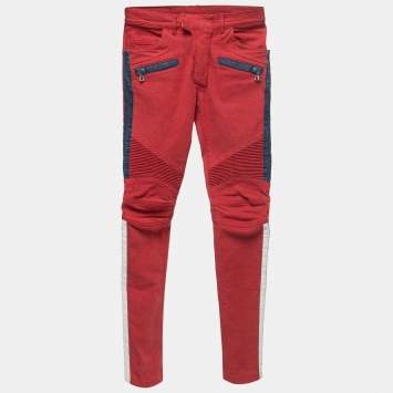 Pre Owned Balmain Red Denim Quilted Skinny Jeans M Waist 27"
