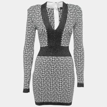 Pre Owned Balmain Black/White Lurex Knit Bodycon Mini Dress M