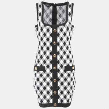 Pre Owned Balmain Black/White Diamond Patterned Knit Sleeveless Bodycon Dress XL