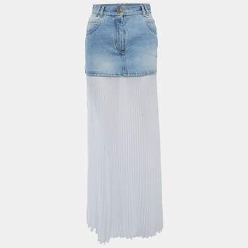 Pre Owned Balmain White Denim Pleated Maxi Skirt S 
