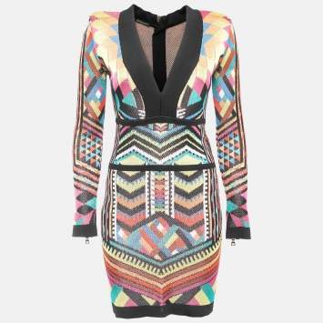 Pre Owned Balmain Multicolor Patterned Knit Deep V-Neck Bodycon Dress M