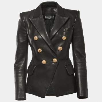Pre Owned Balmain Black Leather Double Breasted Jacket S