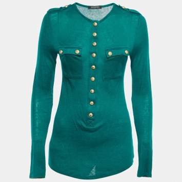 Pre Owned Balmain Green Knit Gold Button Detailed Long Sleeve T-Shirt M
