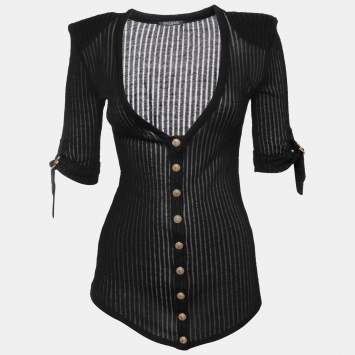 Pre Owned Balmain Black Knit Button Front Folded Sleeve Top S