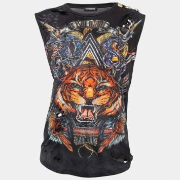 Pre Owned Balmain Black Tiger Print Distressed Cotton Button Detailed Sleeveless T-Shirt M