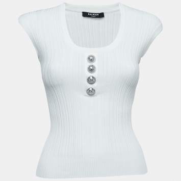 Pre Owned Balmain White Ribbed Knit Scoop-Neck Top S