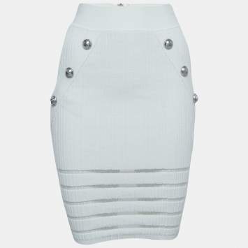 Pre Owned Balmain White Rib-Knit Button Embellished Skirt S