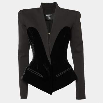 Pre Owned Balmain Black Cotton & Velvet Collarless Bustier Blazer M