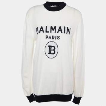 Pre Owned Balmain Off White Logo Wool & Cashmere Knit Contrast Detail Sweater M