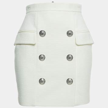 Pre Owned Balmain White Cotton Double Breasted Mini Skirt S