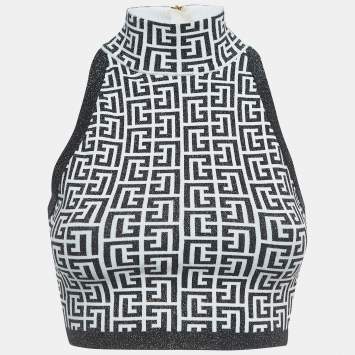 Pre Owned Balmain Monochrome Monogram Jacquard Knit Crop Top S