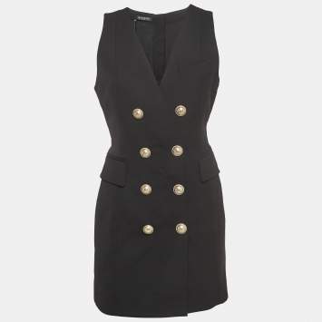 Pre Owned Balmain Black Wool Double Breasted Sleeveless Mini Dress M