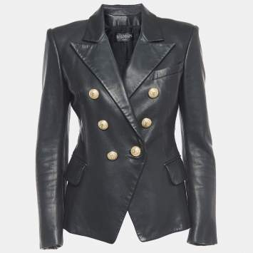 Pre Owned Balmain Black Leather Double Breasted Jacket M