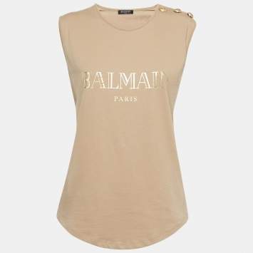 Pre Owned Balmain Beige Logo Print Cotton Button Detail Tank Top M