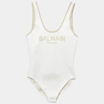 Pre Owned Balmain X Net-A-Porter Cream Logo Lurex Knit Sleeveless Bodysuit XL