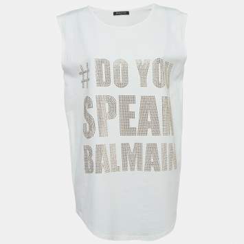 Pre Owned Balmain Off-White Slogan Studded Cotton Tank Top S