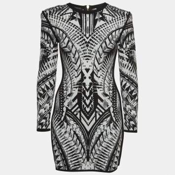 Pre Owned Balmain Black/White Jacquard Knit Mini Bodycon Dress M