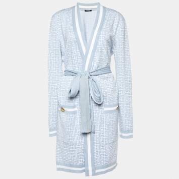 Pre Owned Balmain Blue Monogram Knit Open Front Belted Cardigan M